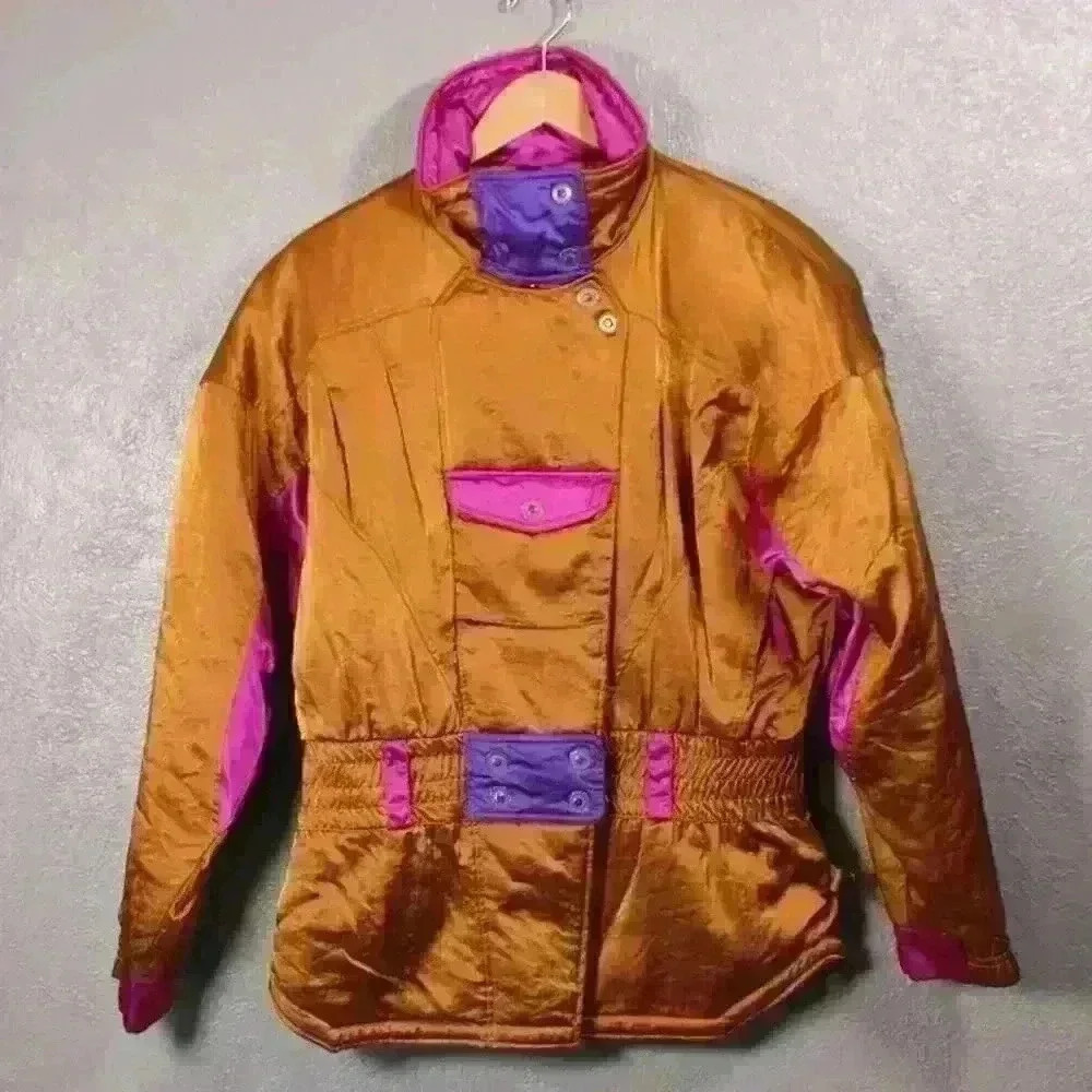 VINTAGE 80s Gerry Ski Snow Coat Metallic Copper Purple Space Age Women Large